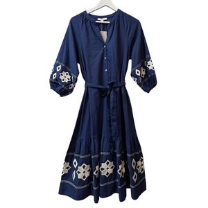 See And Be Seen Maxi Dress Size S Blue Embroidered Linen Blend 3/4‎ Balloon NWT